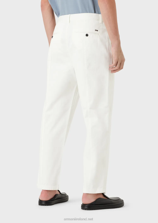 Men 086V1482 Cotton-Satin Chinos With Ribbing Armani White