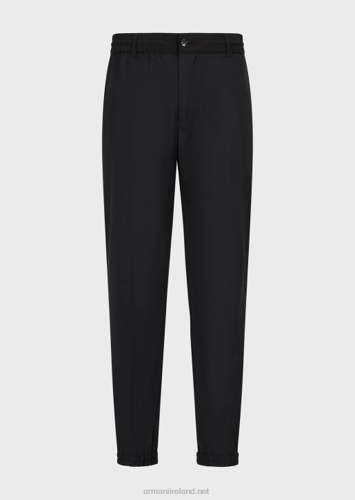 Men 086V1483 Ripstop Wool-Blend Trousers With Elasticated Ankle Cuffs Armani Black