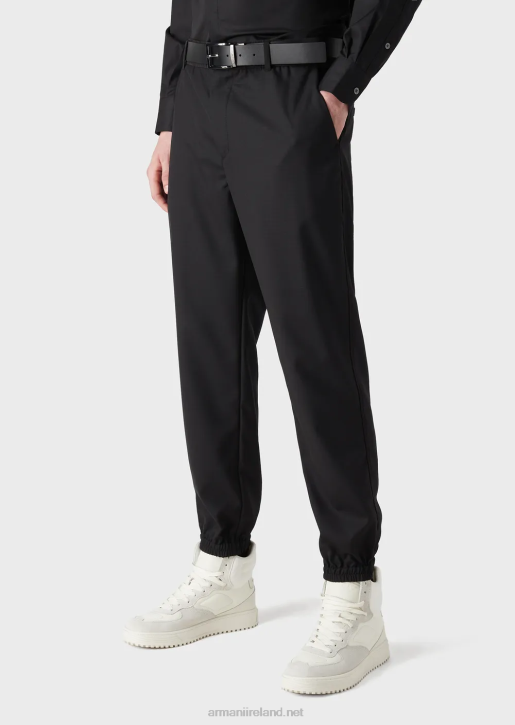 Men 086V1483 Ripstop Wool-Blend Trousers With Elasticated Ankle Cuffs Armani Black