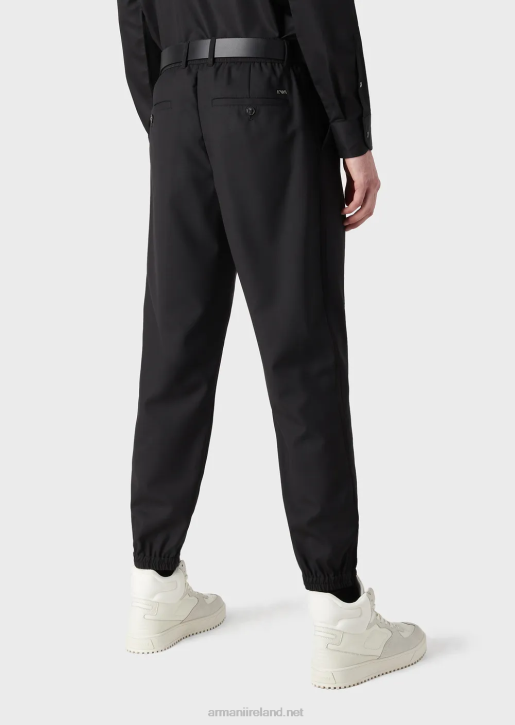 Men 086V1483 Ripstop Wool-Blend Trousers With Elasticated Ankle Cuffs Armani Black