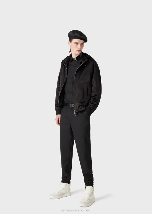 Men 086V1483 Ripstop Wool-Blend Trousers With Elasticated Ankle Cuffs Armani Black