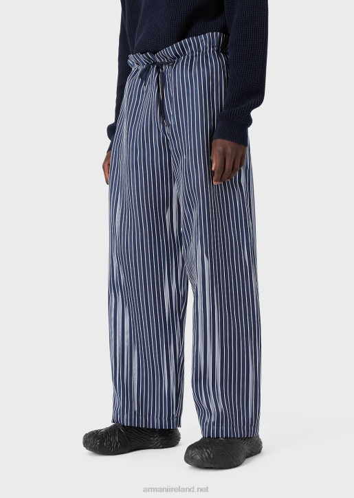 Men 086V1487 Drawstring Trousers In A Lightweight Striped Silk Blend Satin Armani Midnight Blue