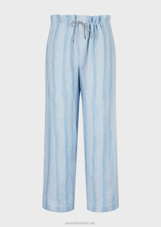 Men 086V1488 Pure Linen Drawstring Trousers With Watercolour Striped Print Armani Azure