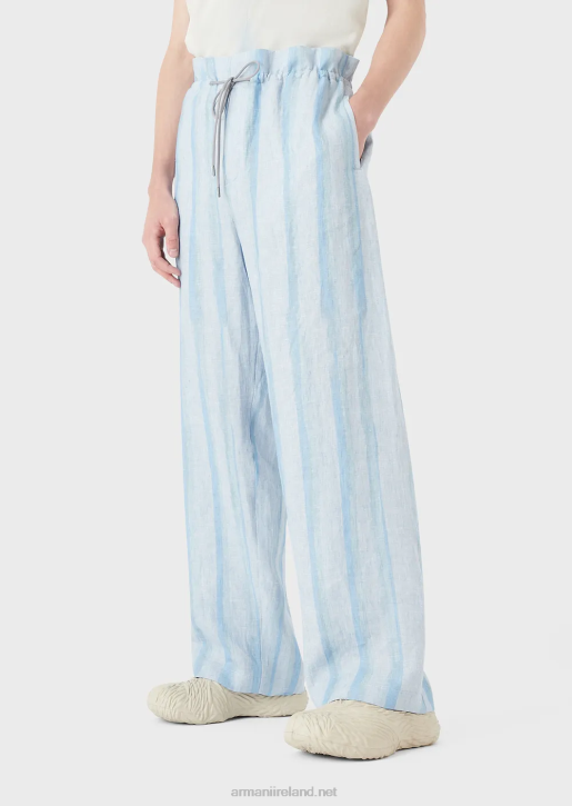 Men 086V1488 Pure Linen Drawstring Trousers With Watercolour Striped Print Armani Azure