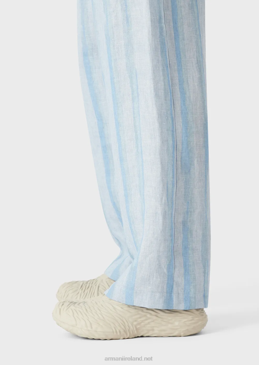 Men 086V1488 Pure Linen Drawstring Trousers With Watercolour Striped Print Armani Azure