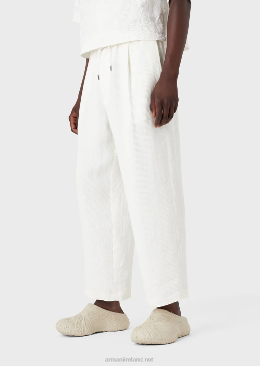 Men 086V1492 Drawstring Trousers In Linen-Blend Grosgrain Armani White