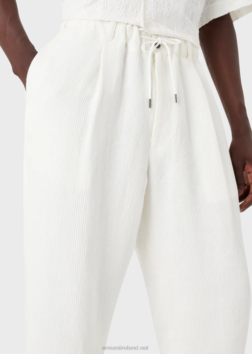 Men 086V1492 Drawstring Trousers In Linen-Blend Grosgrain Armani White