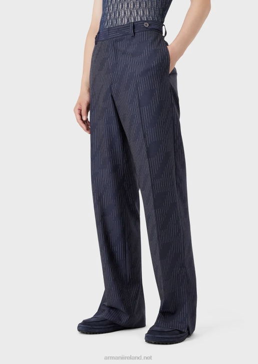 Men 086V1494 Chinos In Fil Coupe Striped Denim-Effect Fabric Armani Midnight Blue