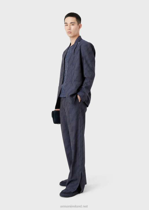 Men 086V1494 Chinos In Fil Coupe Striped Denim-Effect Fabric Armani Midnight Blue