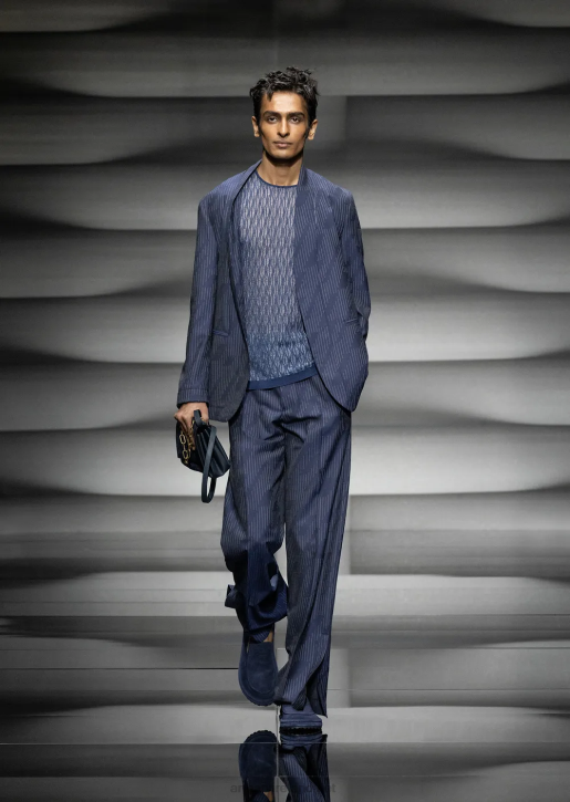 Men 086V1494 Chinos In Fil Coupe Striped Denim-Effect Fabric Armani Midnight Blue