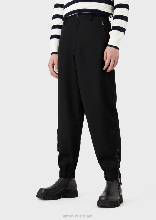 Men 086V1498 Trousers With Elasticated Ankle Cuffs In Ultra-Light Virgin Wool Armani Black