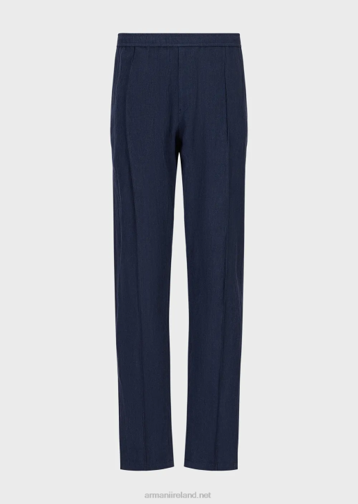 Men 086V1500 Crepe-Effect Faded Linen Trousers With Ribbing Armani Blue
