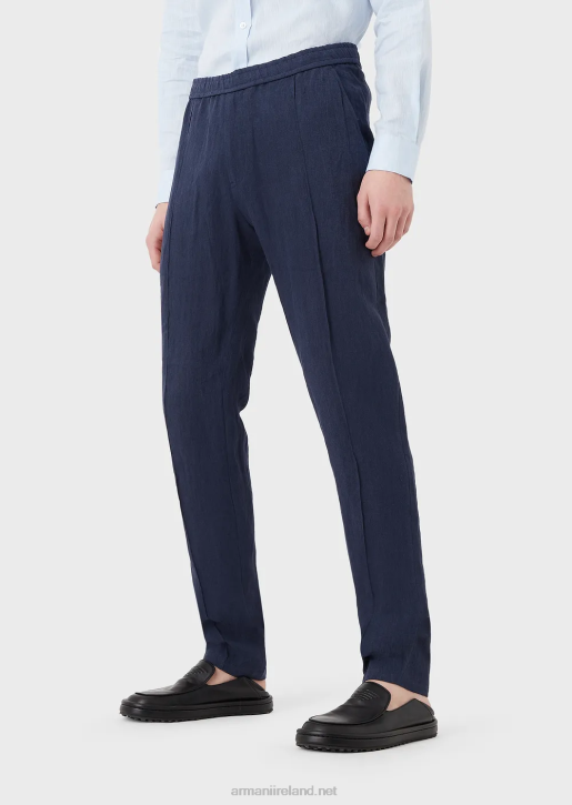 Men 086V1500 Crepe-Effect Faded Linen Trousers With Ribbing Armani Blue