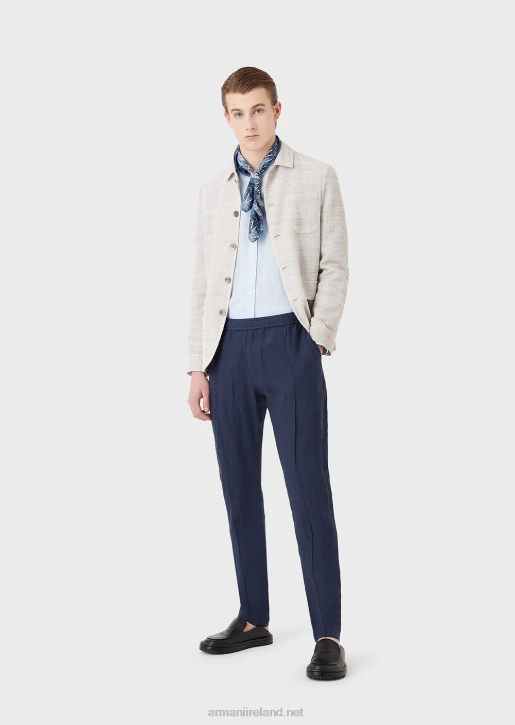 Men 086V1500 Crepe-Effect Faded Linen Trousers With Ribbing Armani Blue