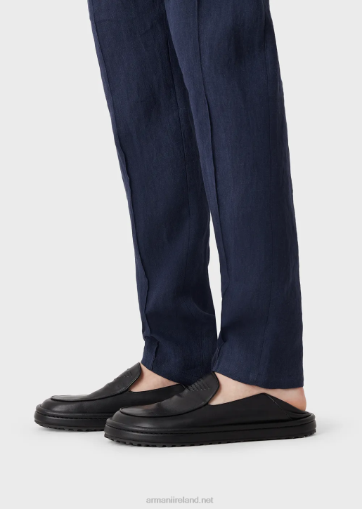 Men 086V1500 Crepe-Effect Faded Linen Trousers With Ribbing Armani Blue