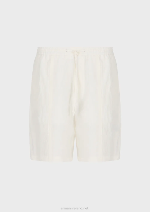 Men 086V1510 Faded Linen With A Crepe Texture Drawstring Board Shorts With Drawstring Armani Milky White