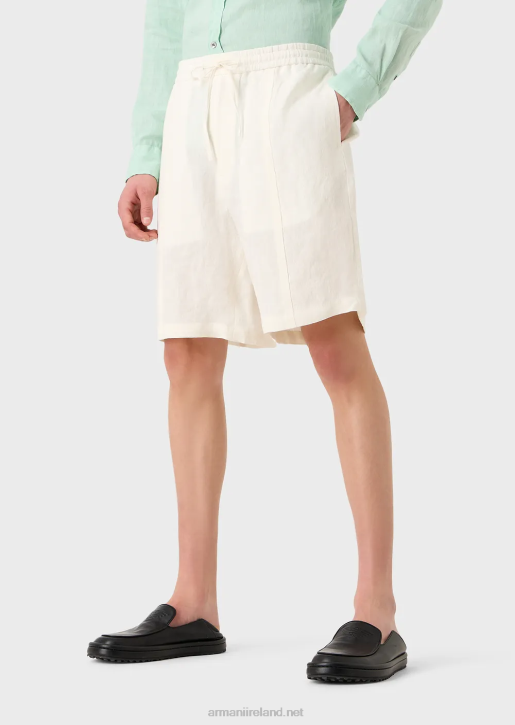 Men 086V1510 Faded Linen With A Crepe Texture Drawstring Board Shorts With Drawstring Armani Milky White