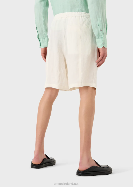 Men 086V1510 Faded Linen With A Crepe Texture Drawstring Board Shorts With Drawstring Armani Milky White
