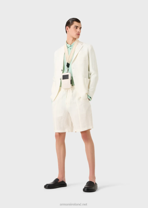Men 086V1510 Faded Linen With A Crepe Texture Drawstring Board Shorts With Drawstring Armani Milky White