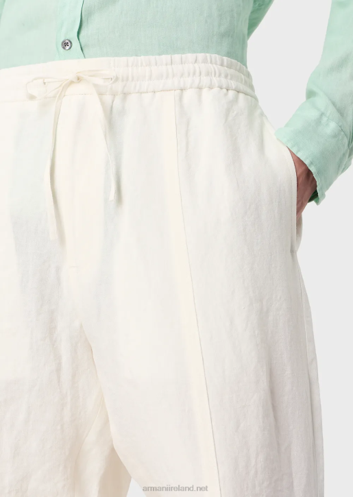 Men 086V1510 Faded Linen With A Crepe Texture Drawstring Board Shorts With Drawstring Armani Milky White