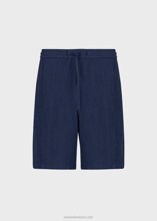 Men 086V1511 Faded Linen With A Crepe Texture Drawstring Board Shorts With Drawstring Armani Blue
