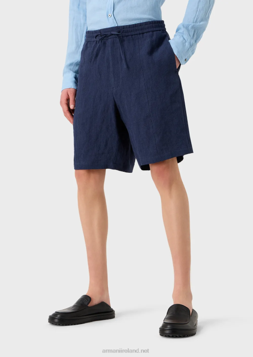 Men 086V1511 Faded Linen With A Crepe Texture Drawstring Board Shorts With Drawstring Armani Blue
