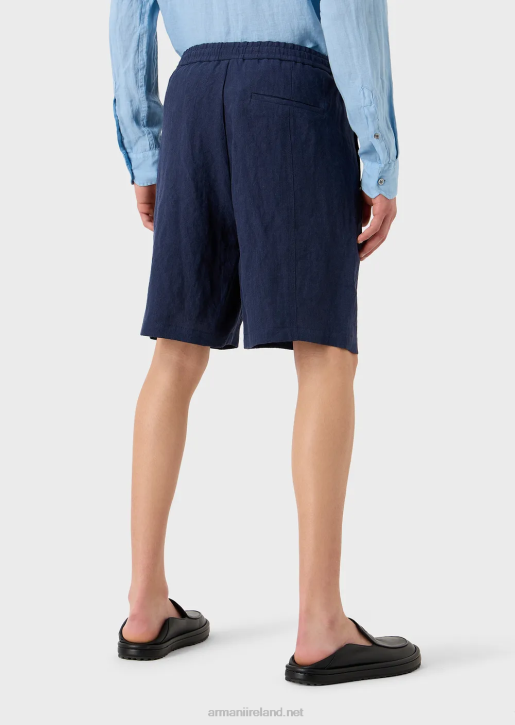 Men 086V1511 Faded Linen With A Crepe Texture Drawstring Board Shorts With Drawstring Armani Blue