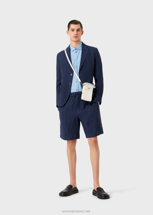 Men 086V1511 Faded Linen With A Crepe Texture Drawstring Board Shorts With Drawstring Armani Blue