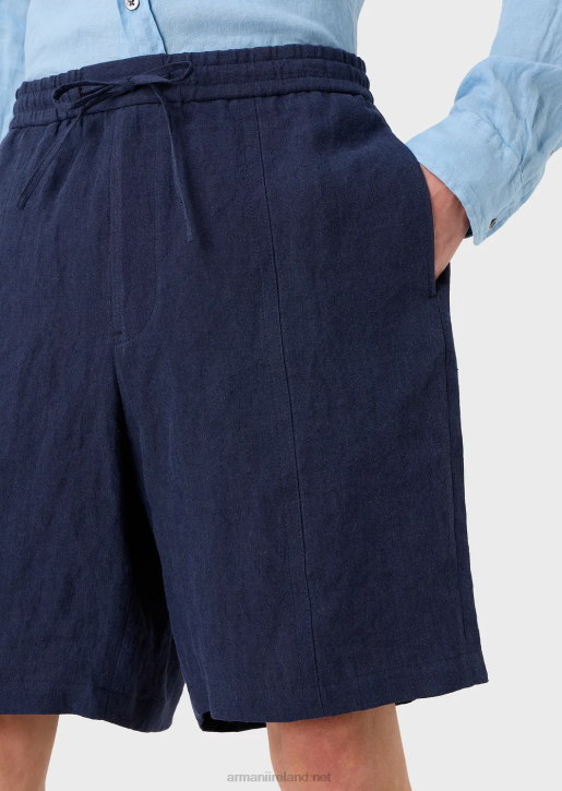 Men 086V1511 Faded Linen With A Crepe Texture Drawstring Board Shorts With Drawstring Armani Blue