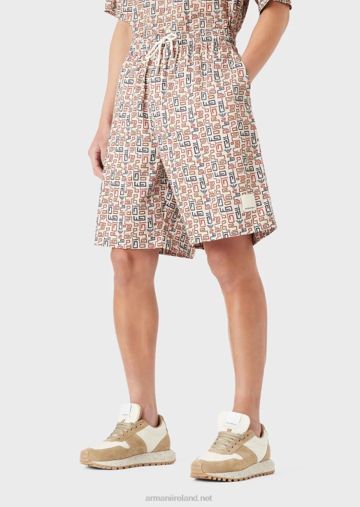 Men 086V1518 Sustainable Collection Organic-Twill Oversized, Drawstring Board Shorts With An All-Over Print Armani Pattern