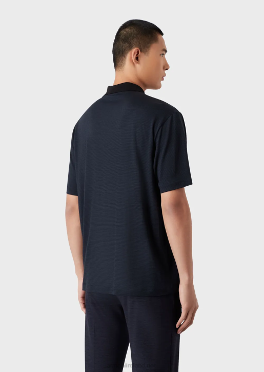Men 086V1537 Striped Pure Virgin Wool Jersey Polo Shirt Armani Navy Blue