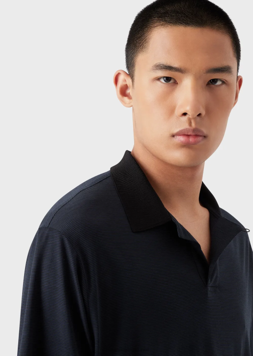 Men 086V1537 Striped Pure Virgin Wool Jersey Polo Shirt Armani Navy Blue