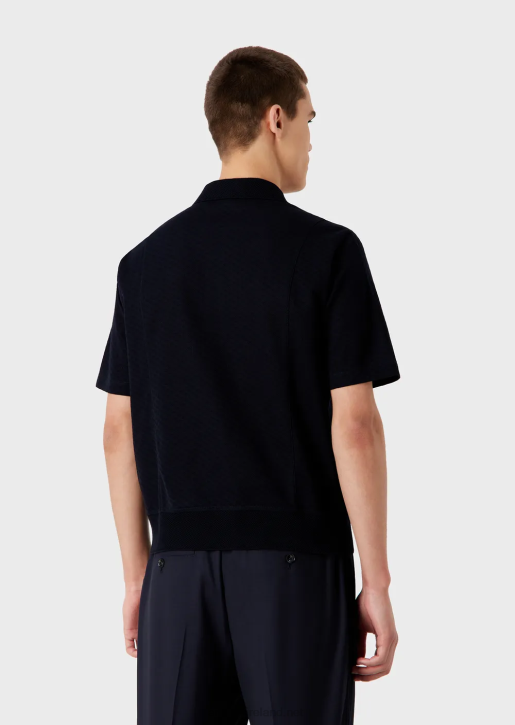 Men 086V1538 Jacquard-Knit Polo Shirt With Micro Pattern Armani Navy Blue