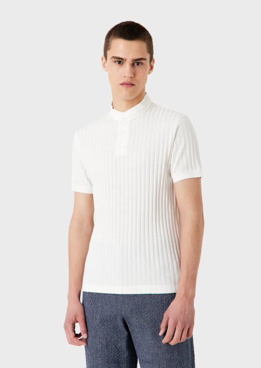 Men 086V1545 Guru-Collar Jersey Polo Shirt With An All-Over Jacquard Motif Armani White