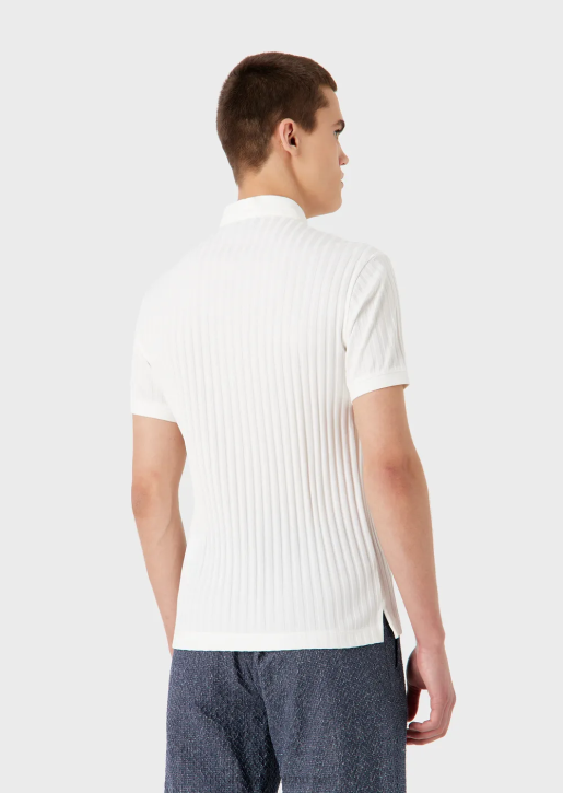 Men 086V1545 Guru-Collar Jersey Polo Shirt With An All-Over Jacquard Motif Armani White