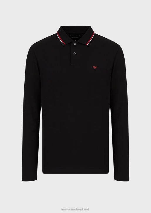 Men 086V1557 Long-Sleeved Stretch Pique Polo Shirt With Micro Eagle Embroidery Armani Black