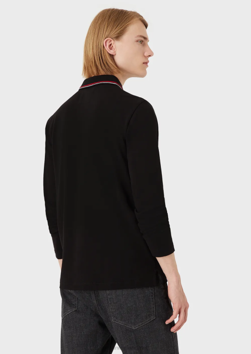 Men 086V1557 Long-Sleeved Stretch Pique Polo Shirt With Micro Eagle Embroidery Armani Black