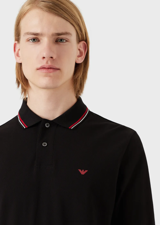 Men 086V1557 Long-Sleeved Stretch Pique Polo Shirt With Micro Eagle Embroidery Armani Black