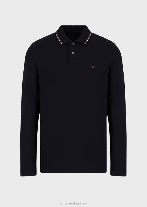 Men 086V1558 Long-Sleeved Stretch Pique Polo Shirt With Micro Eagle Embroidery Armani Navy Blue