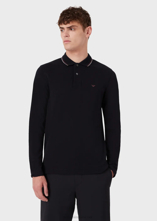 Men 086V1558 Long-Sleeved Stretch Pique Polo Shirt With Micro Eagle Embroidery Armani Navy Blue