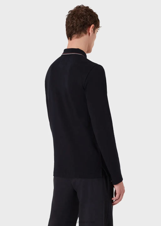 Men 086V1558 Long-Sleeved Stretch Pique Polo Shirt With Micro Eagle Embroidery Armani Navy Blue