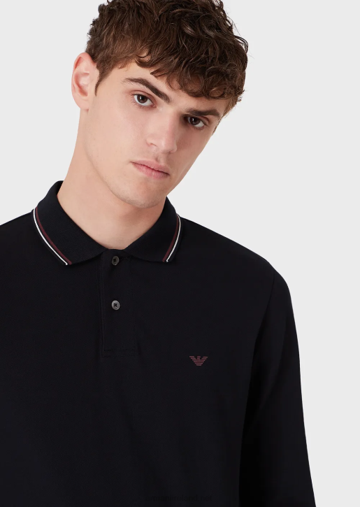 Men 086V1558 Long-Sleeved Stretch Pique Polo Shirt With Micro Eagle Embroidery Armani Navy Blue