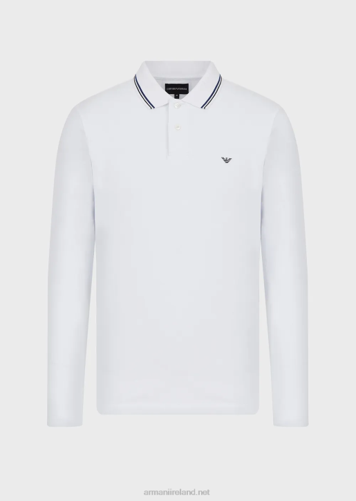 Men 086V1559 Long-Sleeved Stretch Pique Polo Shirt With Micro Eagle Embroidery Armani White