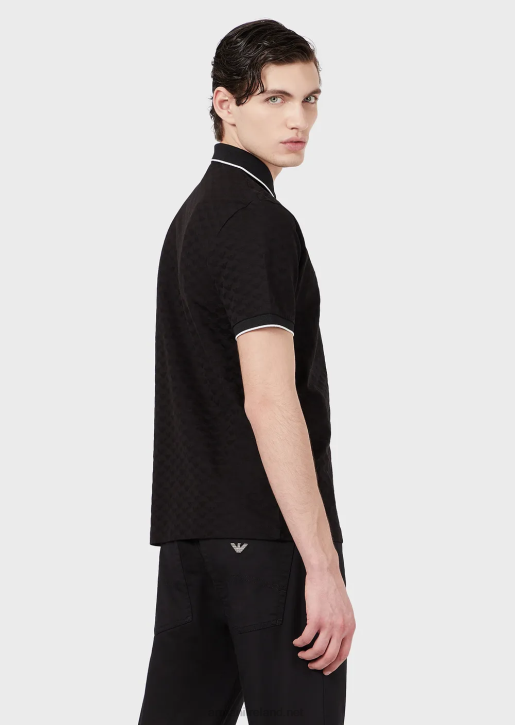Men 086V1568 Mercerised Jersey Polo Shirt With All-Over Jacquard Eagle Armani Black