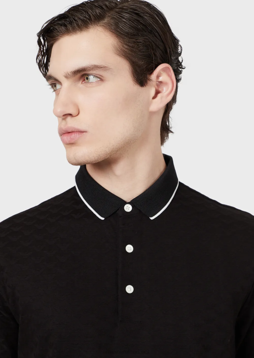 Men 086V1568 Mercerised Jersey Polo Shirt With All-Over Jacquard Eagle Armani Black