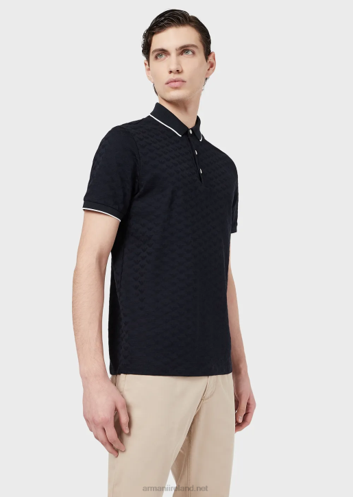 Men 086V1569 Mercerised Jersey Polo Shirt With All-Over Jacquard Eagle Armani Navy Blue