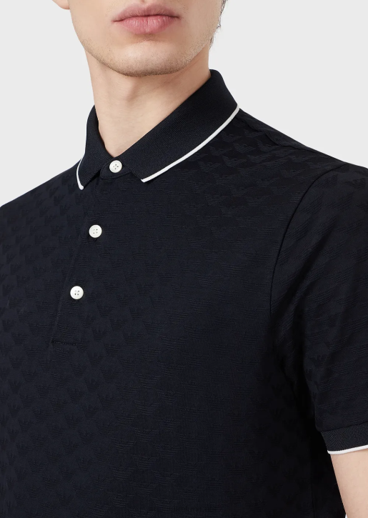 Men 086V1569 Mercerised Jersey Polo Shirt With All-Over Jacquard Eagle Armani Navy Blue