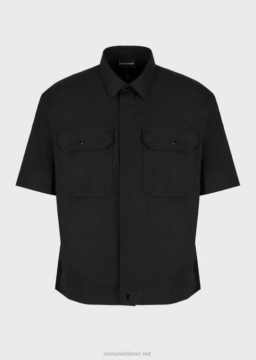 Men 086V1058 Pima Poplin Short-Sleeved Shirt With Pockets Armani Black
