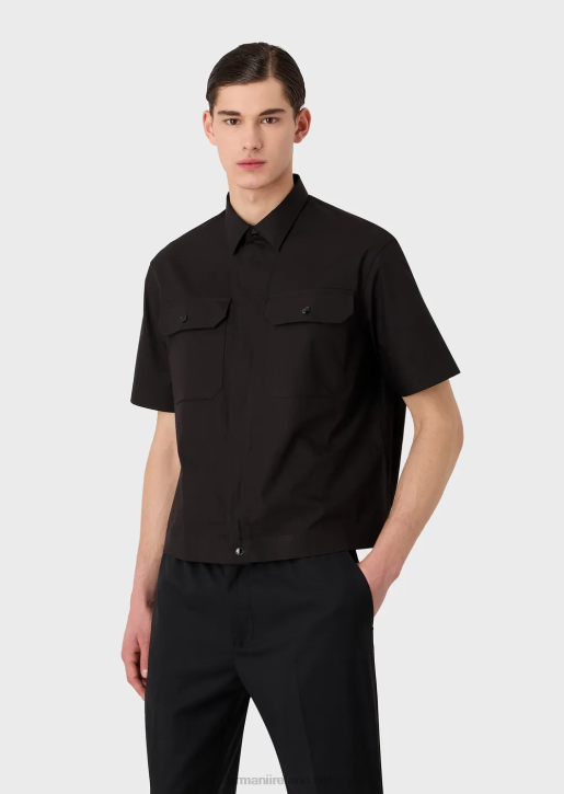 Men 086V1058 Pima Poplin Short-Sleeved Shirt With Pockets Armani Black