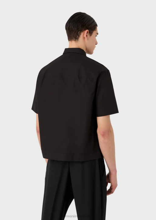 Men 086V1058 Pima Poplin Short-Sleeved Shirt With Pockets Armani Black
